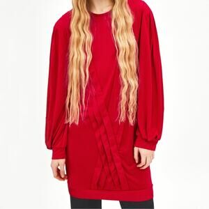 Zara Red Pleated Detail Long Sleeve Mini Dress Size Medium